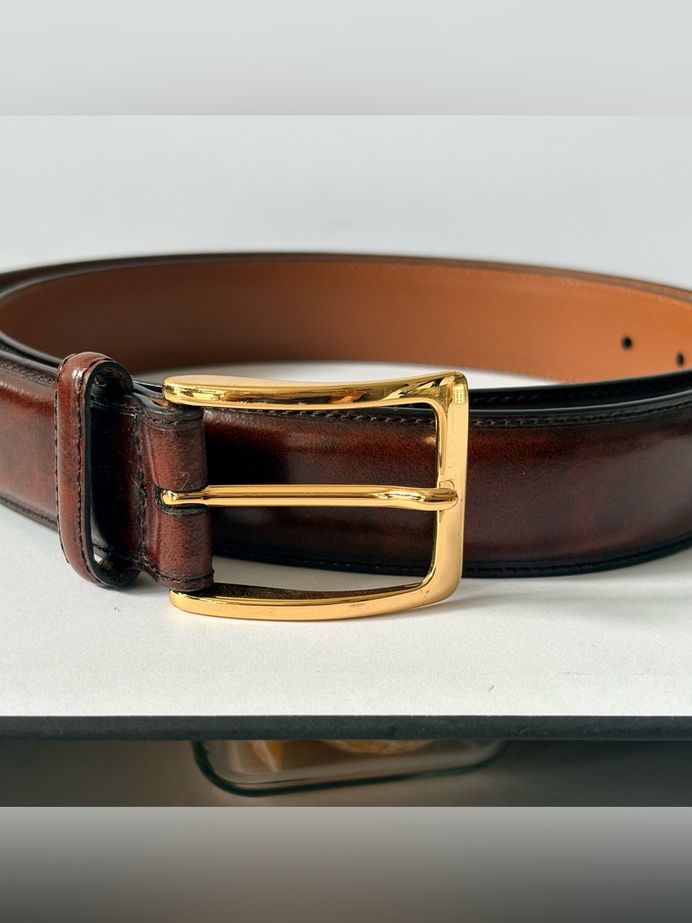 Johnston & Murphy Men's Solid Brown Dress Leather Belt w/Brass Buckle, Size 44